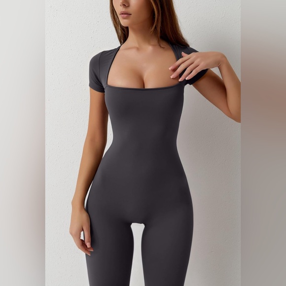 2 Flare Jumpsuits Short Sleeve Square Neck Bodycon Full Length Playsuit - Picture 4 of 9